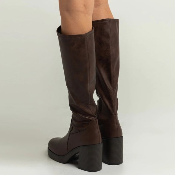 NEW🔥 Brown Stretch Knee High Boots Chunky Block Heel Platform w/Zipper - Picture 4 of 4